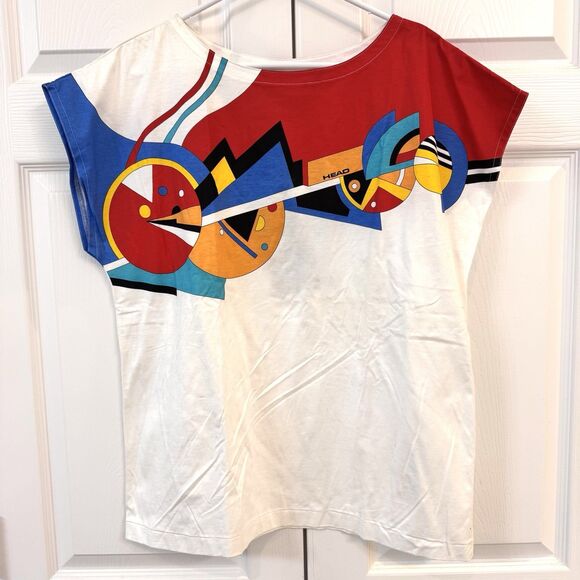 Vtg HEAD Tennis Boho T-Shirt Womens Large Cap Sleeve Graphic White Multicolor - Picture 2 of 7